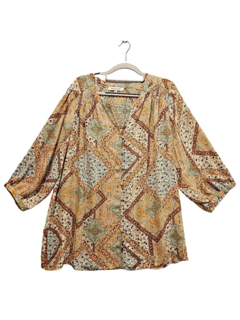 Ross + Olive Blouse womens 1X colorful boho beachy career covered buttons floral